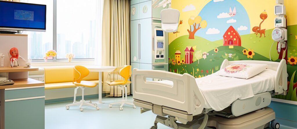Nowoczesna sala szpitalna dla dzieci ubezpieczona w INTER Polska - hospitalizacja chorób wieku dziecięcego